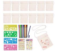 Forhandy Pack of 12 Fabric Bags for Painting for Children, DIY Children's Shoulder Bag with 12 Colouring Pencils, 4 DIY Painting Stencils & 2 Diamond Stickers, Blank Fabric Bag Small for School,