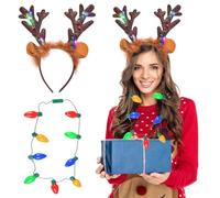 Forhome Christmas LED Light Bulb Headband and Necklace Stag Wood Hairstyle Hair Accessory for Birthday Halloween for Kids and Adults