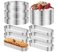 Foribyw 12PCS Perforated Tart Rings, 6pc 10cm Crumpet Rings & 6pc 13cm Oval Tart Rings, Non-Stick Stainless Steel Cake Rings for Desserts, Viennoiserie, Cookies, Choux Pastries, Pies & Quiches