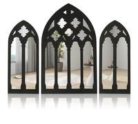 Foribyw 3Pcs Gothic Arched Window Mirror Set, Self-Adhesive Cathedral Decor, Rustic Style for Living Room, Bedroom, Bathroom, Vanity, Entryway