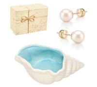 Foribyw 925 Silver Pearl Stud Earrings, Conch Shape Ceramic Jewelry Tray Set, 2-Way Wear 8mm Hypoallergenic Pearl Stud Earrings for Sensitive Skin Women, Corporate Outfit, Birthday Gift Box