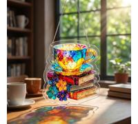 Foribyw Acrylic Jigsaw Puzzle Suncatcher, Stained Glass Window Hanging Decor for Cafe and Study, Rainbow Maker Sun Catcher, DIY Craft Art Gift for Women, Mum and Friends, Coffe and Books, 20cm/8Inch