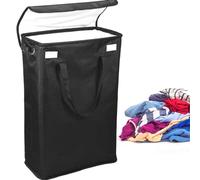 Foribyw Slim Laundry Basket with Lid 45L 39x19x60cm Space Saving Thin Dirty Clothes Hamper Waterproof Narrow Laundry Basket Portable Bin Storage with Handles for Bedroom Bathroom(Black)