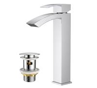 FORIOUS® Bathroom Sink Taps Waterfall, Basin Tap 225mm Spout Height Chrome | with Pop-Up Waste, Single Lever, Tall Hot and Cold Mixer, Square Design for Modern Bathroom