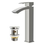 FORIOUS® Bathroom Sink Taps Waterfall, Basin Tap 225mm Spout Height | with Pop-Up Waste, Single Lever, Tall Hot and Cold Mixer, Square Design for Modern Bathroom