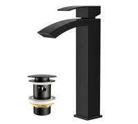 FORIOUS Bathroom Sink Taps Waterfall with Pop-up Waste, Tall Single-Lever Basin Mixer Tap with G1/2'' Hoses, Spout Height 225 MM, Water-Saving, Black