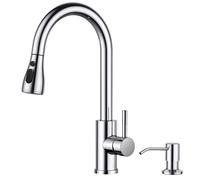 FORIOUS High Pressure Kitchen Tap with Soap Dispenser, Pull Out Kitchen Sink Mixer Faucet, Swivel 360°, 2 Spray Modes, Single Lever, Polished Chrome