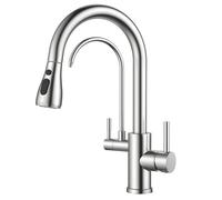 FORIOUS Kitchen Tap, 3 Way Kitchen Tap, 360° Swivel High Arc Dual Handle Water Filter Faucet with Pull Out Soray, Stainless Steel