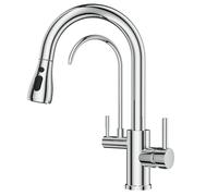 FORIOUS Kitchen Tap, 3 Way Kitchen Tap, 360° Swivel High Arc Dual Handle Water Filter Faucet with Pull Out Soray, Polished Chrome