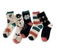 FORJMMP 5/10 Pairs Embroidered Floral Socks for Women Combed Cotton Above Ankle Crew Socks, 5 Pairs-set D, 5-8