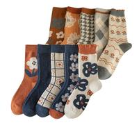 FORJMMP 5/10 Pairs Wool Socks for Women Thick Knit Vintage Cute Floral Crew Socks, 10 Pairs-blue+orange, 4-8 UK