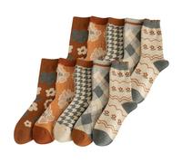 FORJMMP 5/10 Pairs Wool Socks for Women Thick Knit Vintage Cute Floral Crew Socks, 10 Pairs-orange Flowers, 4-8 UK
