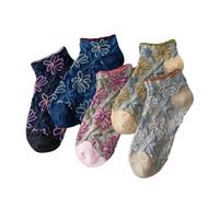 FORJMMP 5 Pairs Vintage Embroidered Floral Socks for Women Combed Cotton Ruffle Cute Floral Ankle Socks, 5 Pairs-flower B, 5-8