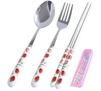 Fork and Spoon Set Portable Silverware Set with Case, Stainless Steel Utensils Includes Fork Spoon Chopstick, Cartoon Travel Utensils with Case, Reusable Sets with Ceramic Handle