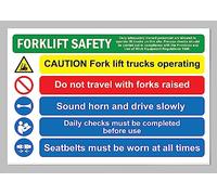 Forklift safety caution fork lift trucks operating do not travel with forks raised seatbelts to be worn at all times safety sign - Self adhesive sticker (200mm x 150mm)