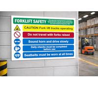 Forklift safety caution fork lift trucks operating do not travel with forks raised seatbelts to be worn at all times safety sign - 1mm flexible Plastic sign (200mm x 150mm)