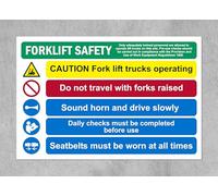 Forklift safety caution fork lift trucks operating do not travel with forks raised seatbelts to be worn at all times safety sign - Self adhesive sticker (300mm x 200mm)