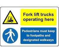 Forklift trucks operating here pedestrians must keep to footpath and walkways Safety sign - Self adhesive sticker (300mm x 200mm)