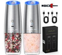 FORLIM Gravity Electric Salt and Pepper Grinder Set, USB Rechargeable 9oz Large Capacity Salt Grinder, Automatic One-Click Grinding One Hand Operated Adjustable Coarseness Pepper Mill(Silver)