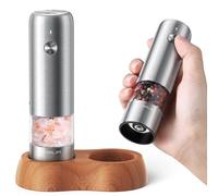 FORLIM Mini Electric Salt and Pepper Grinder Set with Wood Base, USB Rechargeable, Small Automatic Salt Pepper Mill Grinder, Travel/Outdoor BBQ/Children, One-Button Control (2 Packs, Stainless Steel)