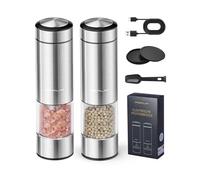 FORLIM Rechargeable Electric Salt and Pepper Grinder Set, Automatic Pepper Grinder, One-Handed Operation with LED Light, 95 mL Large Capacity with Adjustable Coarseness, Stainless Steel, Silver