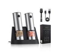 FORLIM Rechargeable Electric Salt and Pepper Grinder Set, Automatic Salt Grinder Set with Upgraded Base, One Handed Operation Refillable Mill with Light, Adjustable Coarseness, Stainless Steel, Silver