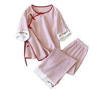 FORLUZ Pyjamas Set Spring and Summer 100% Cotton Chinese Style Women Pajamas Two-piece Set Three-quarter Sleeve Tops Home Service Suits (Color : Pink, Size : M)