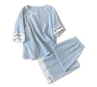 FORLUZ Pyjamas Set Spring and Summer 100% Cotton Chinese Style Women Pajamas Two-piece Set Three-quarter Sleeve Tops Home Service Suits (Color : Blue, Size : L)