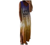 Formal Dresses for Women Dress Pocket V-Neck Print Long Casual Sleeveless Dress Tie-dye Women Women's Dress White Dress for Women (Yellow, S)