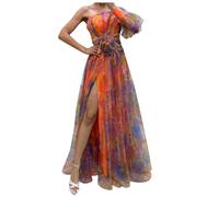 Formal Dresses for Women,Women's Elegant Formal Long Dress One Shoulder Sleeveless Ruched Bodycon Evening Dress Strappy Floral Long Tulle Prom Dresses Sexy Sling Evening Party Orange