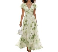 Formal Dresses for Women, Women's Summer Chiffon Maxi Dress V Neck Flutter Sleeve High Waist Floral Print Elegant Formal Cocktail Wedding Guest Long Dresses Birthday Gifts for Women,Green,M,u851k