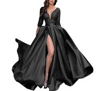 Formal Evening Dress Lace Sequin Maxi Dress Swing Long Sleeve Party Evening Dress Spring and Summer Women's Clothing,Black,2XL