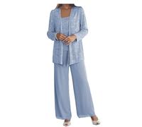 Formal Pant Suit for Mother of The Bride Plus Size 3 Pieces Mother of Groom Pant Set with Jacket for Wedding Evening Gown Dusty Blue Size 12