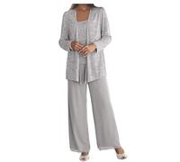 Formal Pant Suit for Mother of The Bride Plus Size 3 Pieces Mother of Groom Pant Set with Jacket for Wedding Evening Gown Silver Size 18
