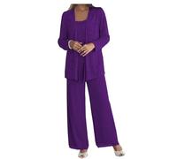 Formal Pant Suit for Mother of The Bride Plus Size 3 Pieces Mother of Groom Pant Set with Jacket for Wedding Evening Gown Purple Size 22