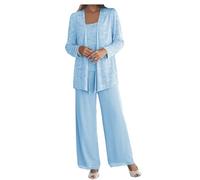 Formal Pant Suit for Mother of The Bride Plus Size 3 Pieces Mother of Groom Pant Set with Jacket for Wedding Evening Gown Sky Blue Size 26