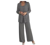 Formal Pant Suit for Mother of The Bride Plus Size 3 Pieces Mother of Groom Pant Set with Jacket for Wedding Evening Gown Steel Grey Size 14