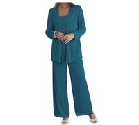 Formal Pant Suit for Mother of The Bride Plus Size 3 Pieces Mother of Groom Pant Set with Jacket for Wedding Evening Gown Teal Size 14