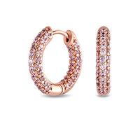 Formal Party Pink Pave CZ Inside Out Small Tube Huggie Hoop Earrings For Women Cubic Zirconia Rose Gold Plated .75 Inch Diameter