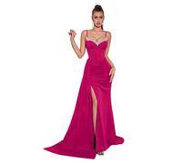 Formal Prom Dresses for Women Elegant Sexy V Neck Rhinestone Slit Bodycon Corset Satin Mermaid Evening Gown,Rose red,XS