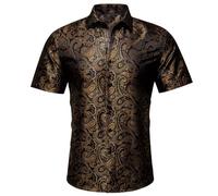 Formal Shirts for Men Short Sleeve Luxury Silk Like Soft Shirt Floral Embroidery Button Down Prom Shirt Non Iron Slim Fit Comfortable Shiteshirts Turn Down Collar Wrinkle-Free Wedding Tops Brown