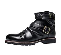 Formal Shoes for Men Size 9 Western Cowboy Mens Boots Mid-Tube Boots Vintage Belt Buckle Pleated Side Zipper Short Boots Wide Fitting Soft Leather Ankle Boots Black