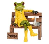 formano Frog on Bench with Moin Greetings and Seagull Made of Artificial Stone, Hand-Painted, 13 cm, North German Frog with Yellow Wellington Boots and Rain Parker