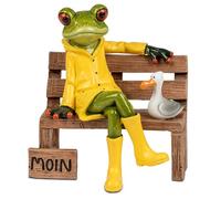 formano Frog on Bench with Moin Greetings and Seagull Made of Artificial Stone, Hand-Painted, 13 cm, North German Frog with Yellow Wellington Boots and Rain Parker