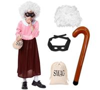 Formemory Granny Costume Old Lady Fancy Dress with Dress,White Curly Wig,Inflatable Cane,Swag Drawstring Bag and Black Eye Mask for World Book Day Costume