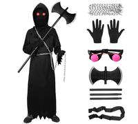 Formemory Grim Reaper Costume Set for Kids - Boys Halloween Costume with Glasses, Axe, Chain Belt (Black, XL)