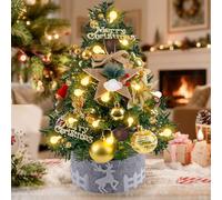 FormiPow 45cm Mini Christmas Tree with Led Lights, Battery Operated Small Artificial Xmas Tree with Wrapped Base, Home Kitchen Dining Table top Decoration with Ball, Pine Ornaments (Gold Color)