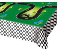 Formula 1 Racing Party Tablecloth, Multi-Colored Plastic Table Cover with Checkered Border, 130x180 cm