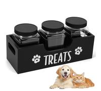 FORNORM 3 Pack Dog Treat Containers with Tray, Pet Food Storage Canisters Plastic Jars with Wooden Holder, Reusable Dog Biscuit Jar and Cat Treat Holder