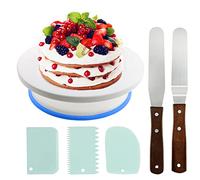 FOROREH 28cm Rotating Cake Turntable with 2pcs Icing Smoother with Wood Handle and 3pcs Side Scraper for Easy Cake Frosting Decorating Making